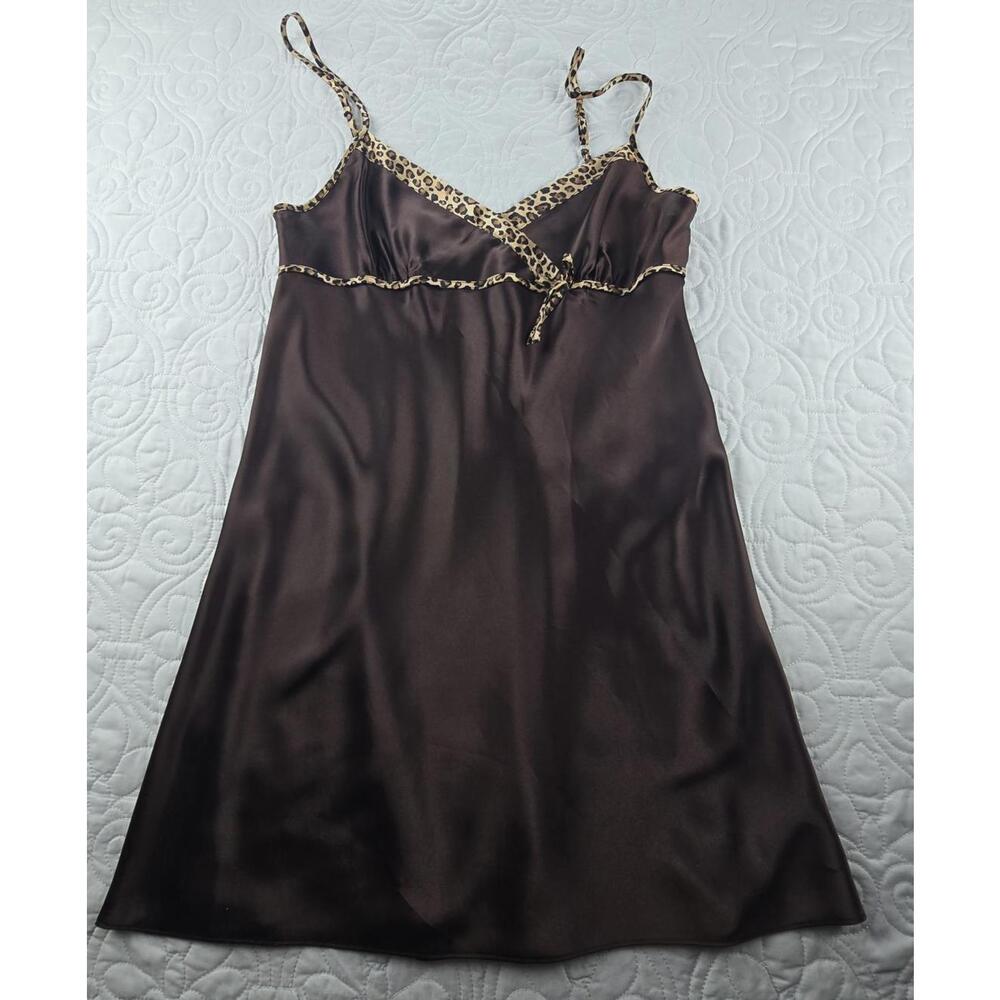Y2K Morgan Taylor Intimates Brown Satin Slip Dress with Leopard Trim, Size M - Picture 2 of 7